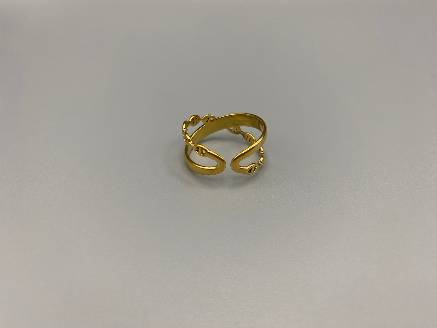 Francesca Ring Gold: A stunning piece of jewellery that combines elegance with modern design. Crafted from high-quality stainless steel and plated with gold, it features a double-layer ‘D’ shape and an adjustable band. This ring is nickel-free and lead-free, ensuring safety for sensitive skin. The channel setting adds a touch of sophistication. Perfect for gifts, anniversaries, parties, and more, the adjustable band ensures a perfect fit for any finger size, making it a versatile addition to any jewellery