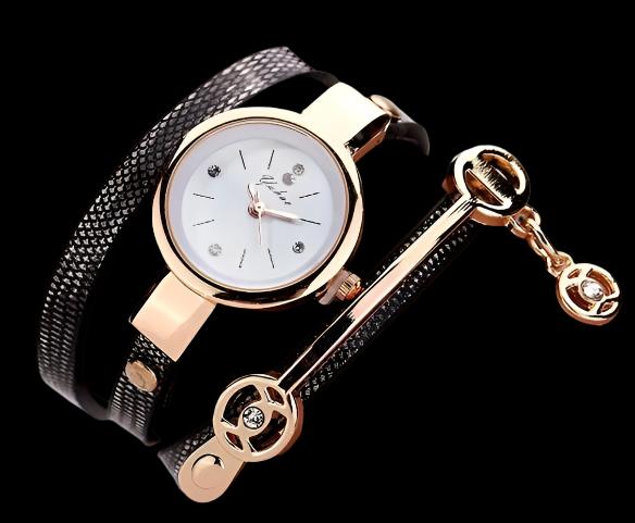 A luxurious and elegant wristwatch with a black leather strap and a gold face. Features include reliable quartz movement, sparkling crystal accents on the dial, a durable 35mm alloy case, and an adjustable 24cm band with a hook buckle clasp. Note: This watch is not waterproof. Perfect for adding a touch of charm, fashion, and luxury to any outfit.