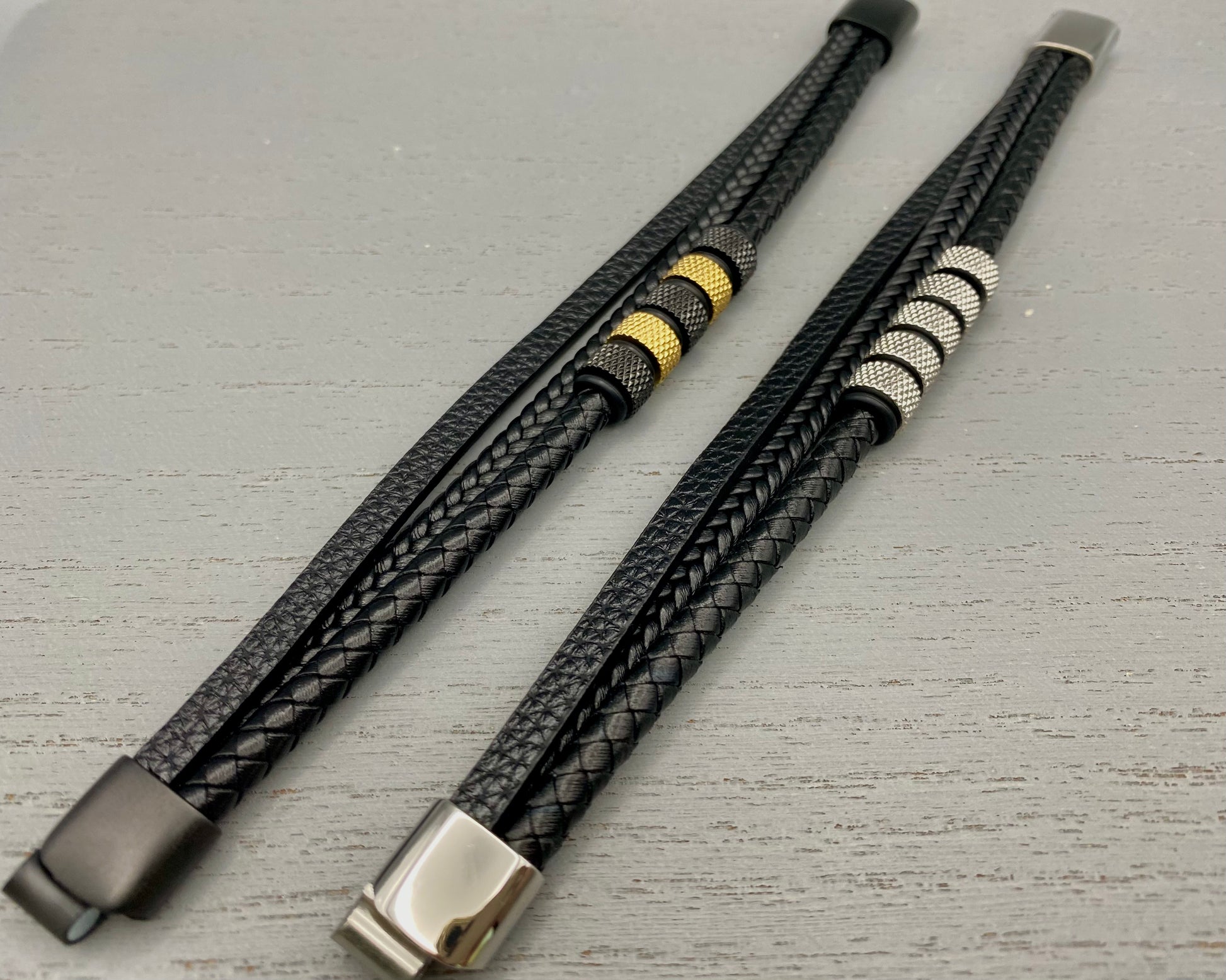 “Urban Pulse Bracelet Collection featuring leather and stainless steel bracelets, crafted with precision and elegance for the modern man, combining rugged charm with sleek sophistication.”