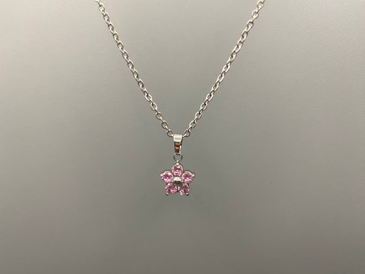 “Blossom Silver Pendant Necklace with a plum blossom design, featuring colourful cubic zirconia stones in a claw setting. Made from durable stainless steel with PVD plating. Measures 46 cm with a 5 cm adjustment.”