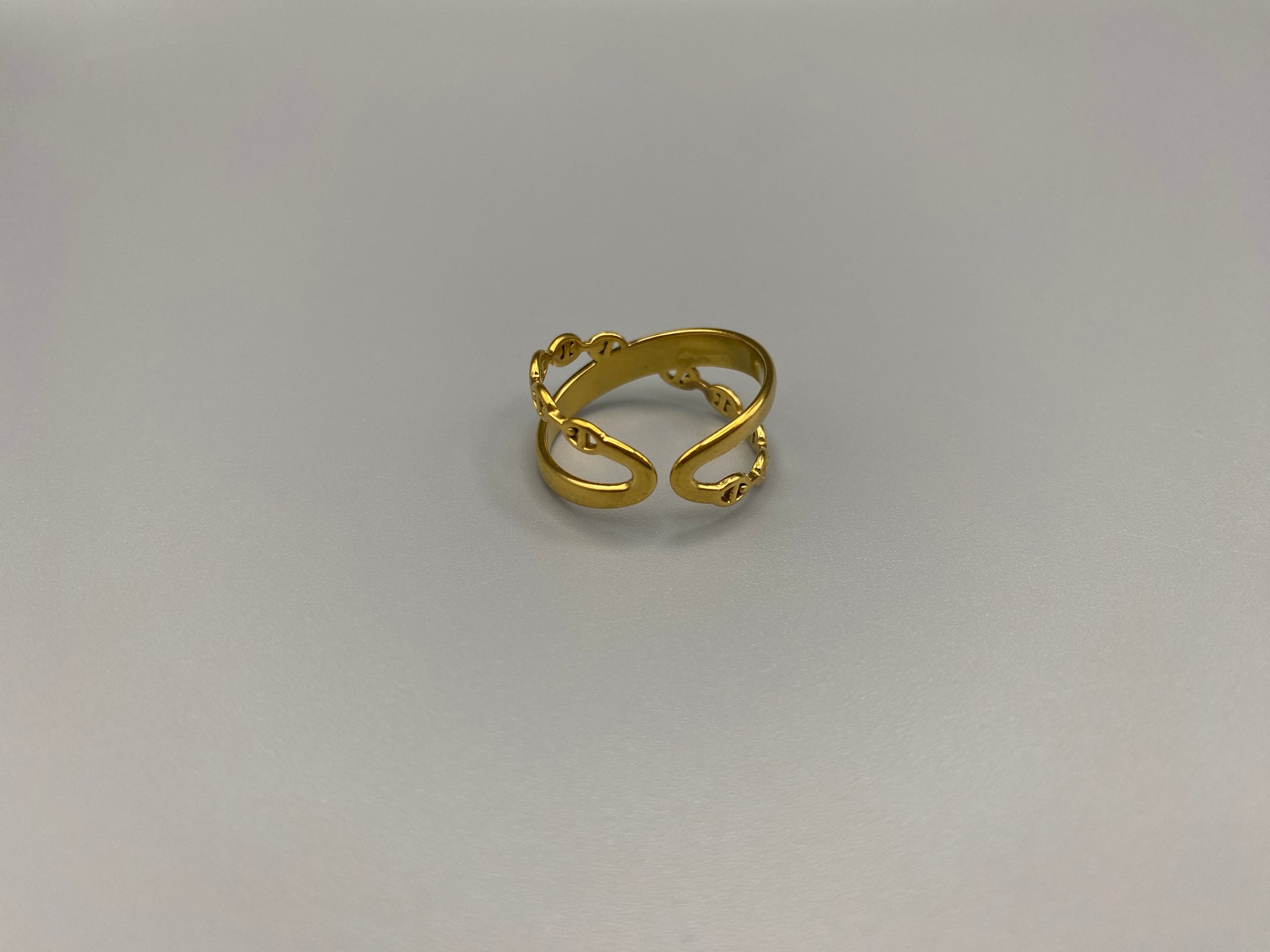 Francesca Ring Gold: A stunning piece of jewellery that combines elegance with modern design. Crafted from high-quality stainless steel and plated with gold, it features a double-layer ‘D’ shape and an adjustable band. This ring is nickel-free and lead-free, ensuring safety for sensitive skin. The channel setting adds a touch of sophistication. Perfect for gifts, anniversaries, parties, and more, the adjustable band ensures a perfect fit for any finger size, making it a versatile addition to any jewellery 