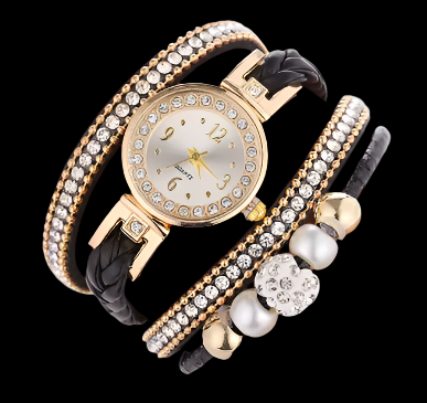 The Melissa Wrist Watch Black and Gold. Exquisite timepiece with a crystal-studded dial in a sleek alloy case. Luxury quartz movement, genuine leather band, 35mm round case. Adjustable fit with 24cm band length. Non-waterproof. Perfect for charm, fashion, luxury, and antique looks.