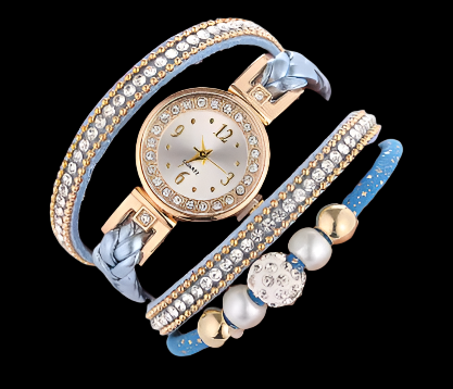 The Melissa Wrist Watch Blue and Gold. Exquisite timepiece with a crystal-studded dial in a sleek alloy case. Luxury quartz movement, genuine leather band, 35mm round case. Adjustable fit with 24cm band length. Non-waterproof. Perfect for charm, fashion, luxury, and antique looks.