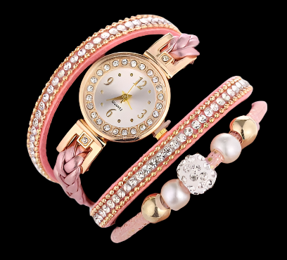 The Melissa Wrist Watch Pink and Gold. Exquisite timepiece with a crystal-studded dial in a sleek alloy case. Luxury quartz movement, genuine leather band, 35mm round case. Adjustable fit with 24cm band length. Non-waterproof. Perfect for charm, fashion, luxury, and antique looks.