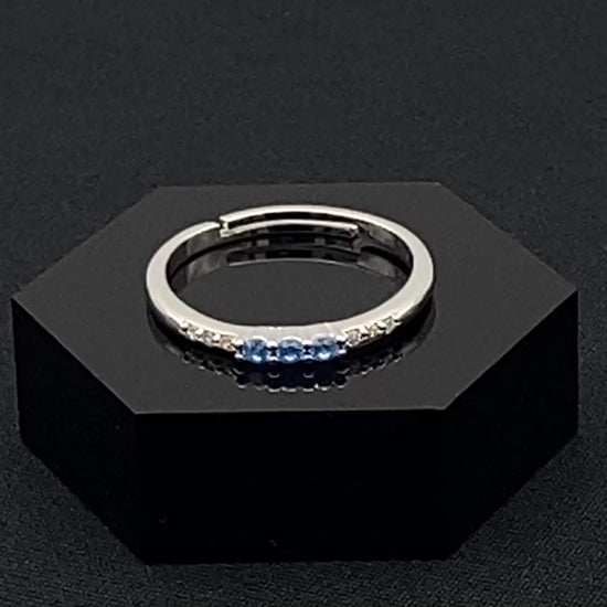 Tanvi Blue Ring: This stunning piece features alternating brilliant blue and clear cubic zirconia stones, set in a sleek silver-plated band. The adjustable fit ensures comfort for any finger size. The ring is non-tarnish and waterproof, maintaining its shine over time. Perfect for everyday wear, the Tanvi ring is your go-to accessory for timeless beauty.