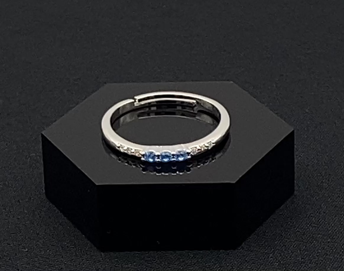 Tanvi Blue Ring: This stunning piece features alternating brilliant blue and clear cubic zirconia stones, set in a sleek silver-plated band. The adjustable fit ensures comfort for any finger size. The ring is non-tarnish and waterproof, maintaining its shine over time. Perfect for everyday wear, the Tanvi ring is your go-to accessory for timeless beauty.