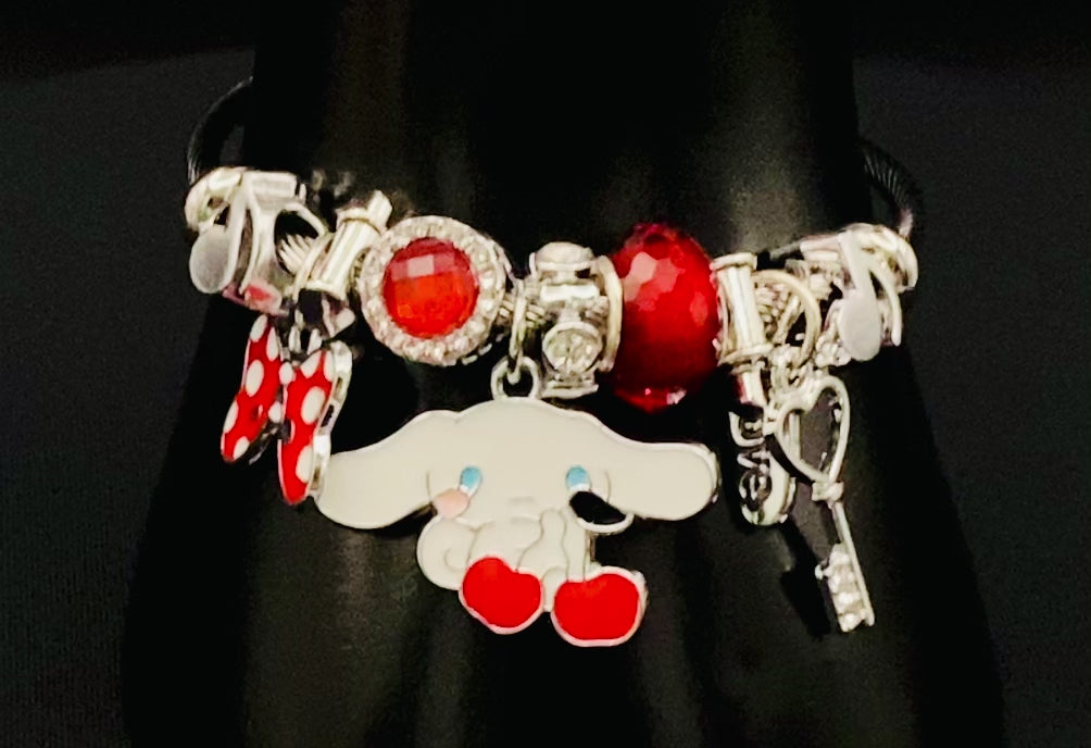 “Cartoon Character Bracelet in Red with a playful and stylish design, made from durable stainless steel, alloy charms, crystals, and glass beads. Adjustable 6cm diameter for a comfortable fit.”