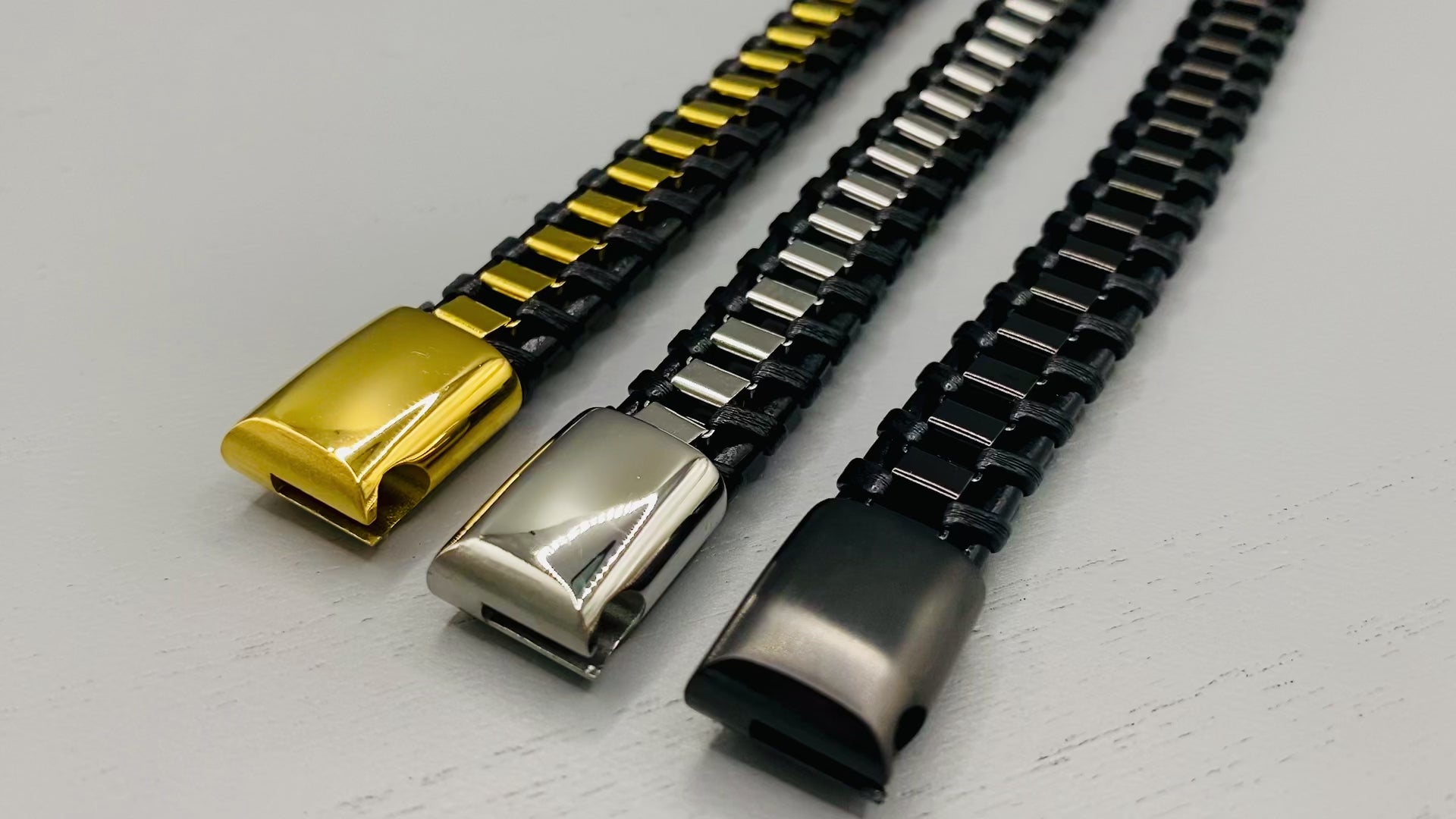 “Urban Pulse Men’s Wrist Wear Bracelet in Black and Silver, featuring a sleek design with alternating black and silver links, perfect for adding a touch of modern elegance to any outfit.”
