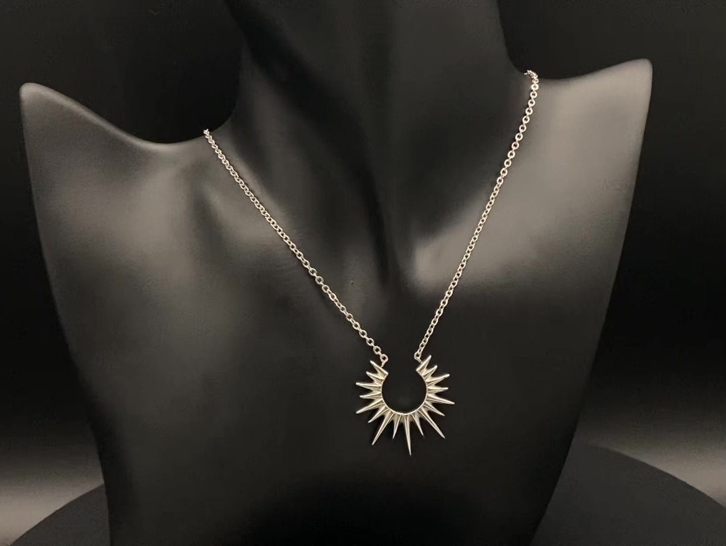 Sunburst Pendant Necklace Silver. Radiant and elegant. 18k gold plated pendant. Waterproof, non-tarnish, non-fade. Length: 45 cm + 5 cm extender. Stainless steel construction. Unique sunburst design.