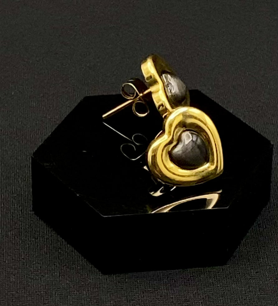 “Lucia Heart Earrings Gold: Elegant and modern heart-shaped earrings featuring an obsidian stone, set in high-quality stainless steel and plated with 18K gold. Perfect for anniversaries, gifts, parties, and daily wear.”